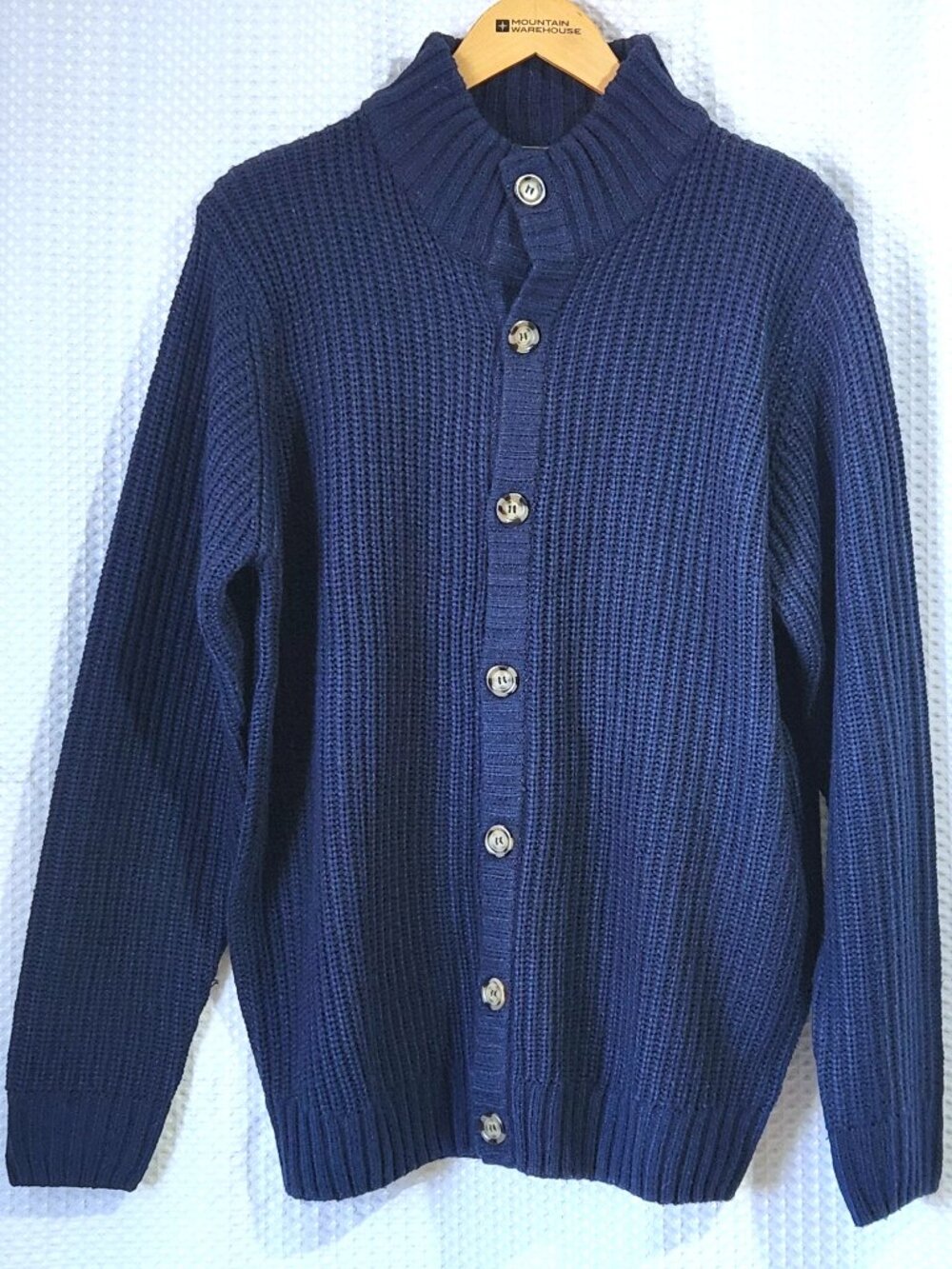Navy Blue Cardigan Mens Large Ribbed Knit Button Up High Neck Jacket PG Field